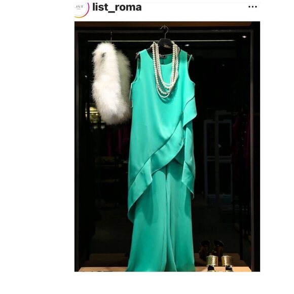 Elegant Womens Teal Layered Jumpsuit By List Roma Boutique Italy Sz 42 With Cape - Picture 4 of 10